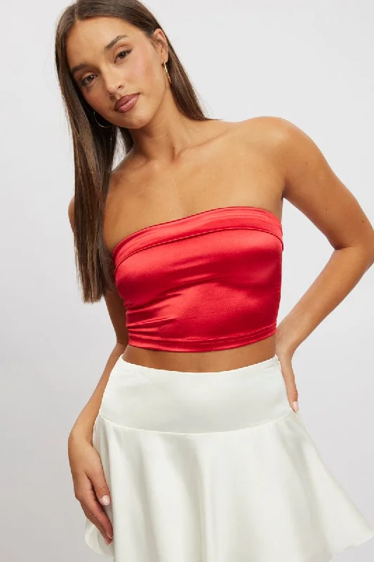 women's tops for fashion-conscious professionalsRed Satin Crop Top Strapless