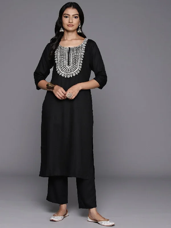 Black Yoke Design Wool Blend Straight Kurta Set