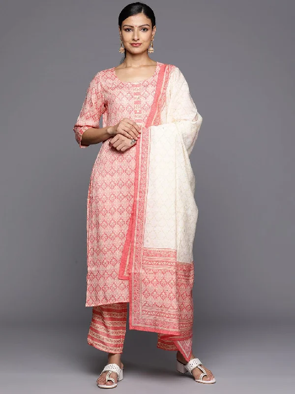 Pink Printed Rayon Straight Kurta With Trousers & Dupatta