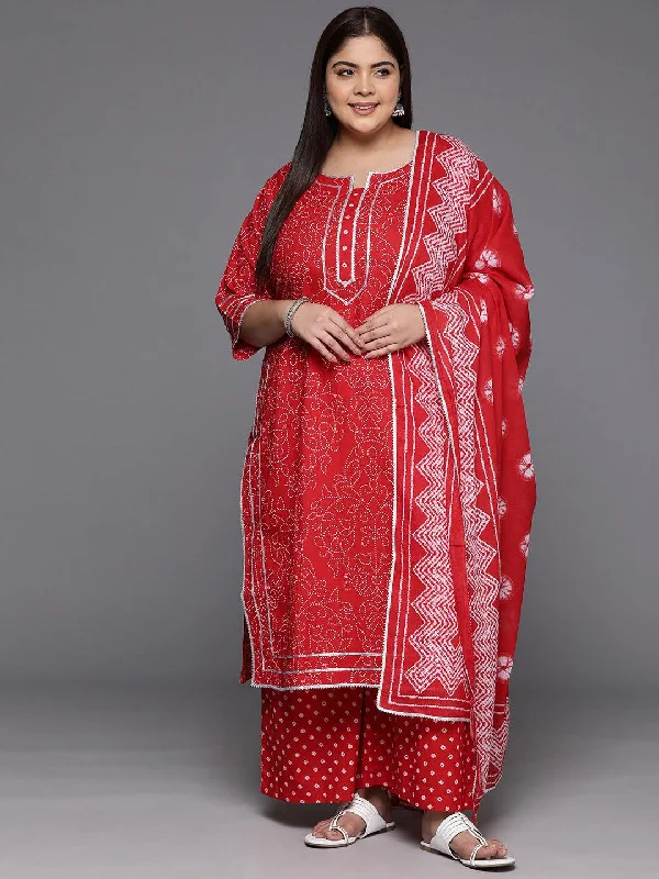 Plus Size Red Printed Cotton Straight Kurta With Palazzos & Dupatta