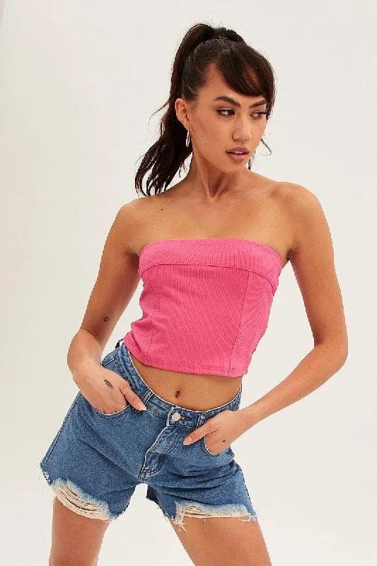 women's tops for creating capsule wardrobesPink Tube Top Bandeau Panel Detail Rib Strapless