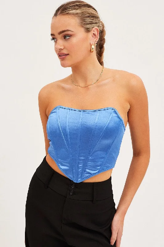 women's tops for those who love to shop for unique findsBlue Bandeau Sleeveless Strapless Stretch Satin