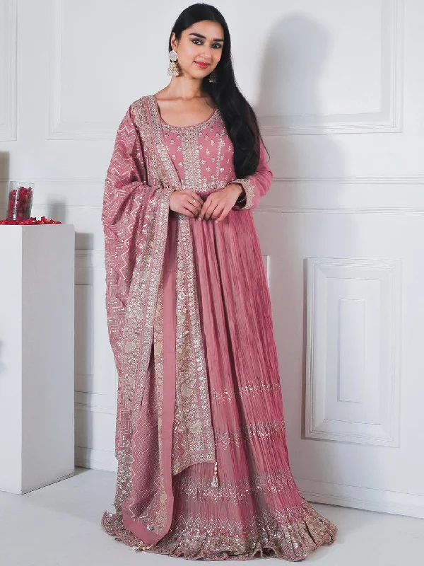 Libas Art Pink Embroidered Georgette A-Line Kurta With Trousers & Dupatta