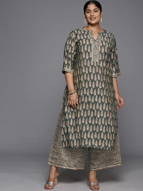 Plus Size Olive Printed Silk Blend Straight Kurta Set