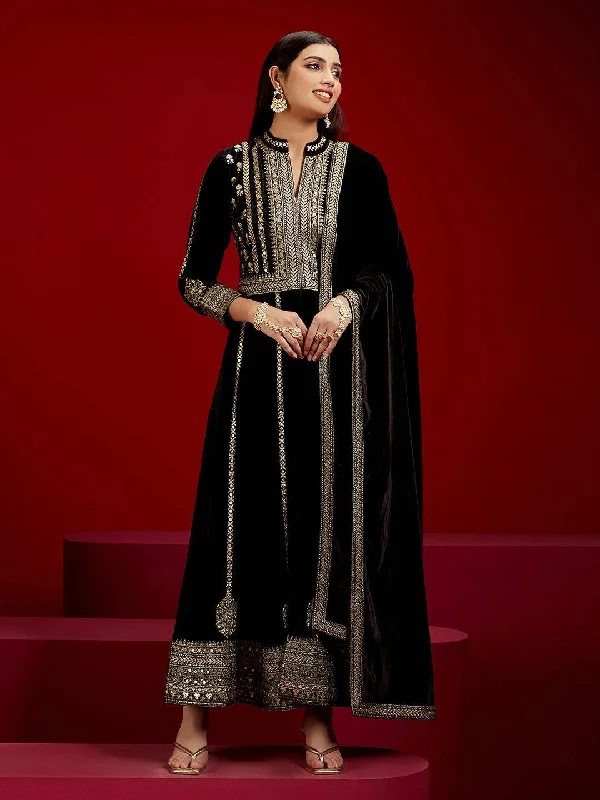 Libas Art Black Embroidered Velvet A-Line Kurta With Trousers & Dupatta