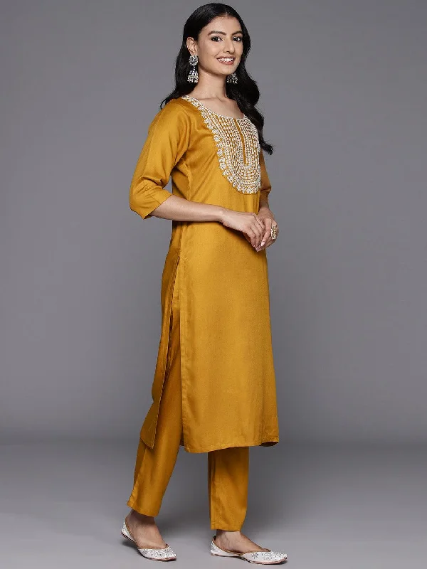 Mustard Yoke Design Wool Blend Straight Kurta Set