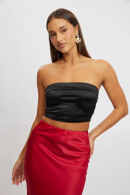 women's tops for boho-chic stylesBlack Satin Crop Top Strapless