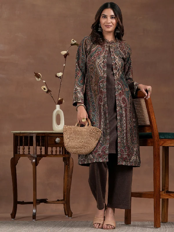 Brown Solid Wool Blend Straight Kurta Set