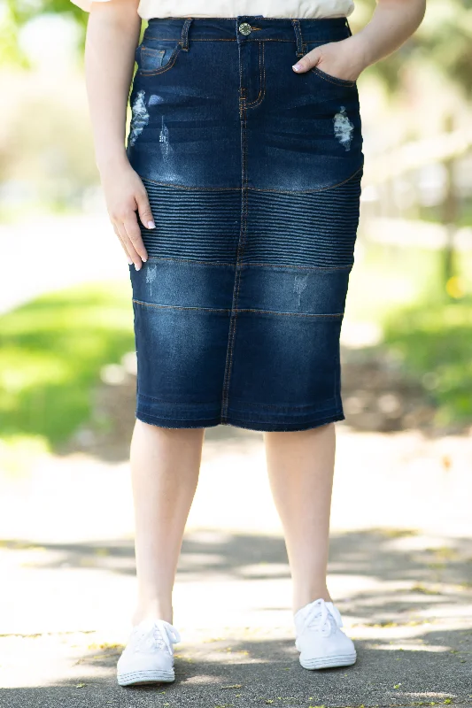 Dakotah Distressed Moto Denim Skirt in Dk. Indigo