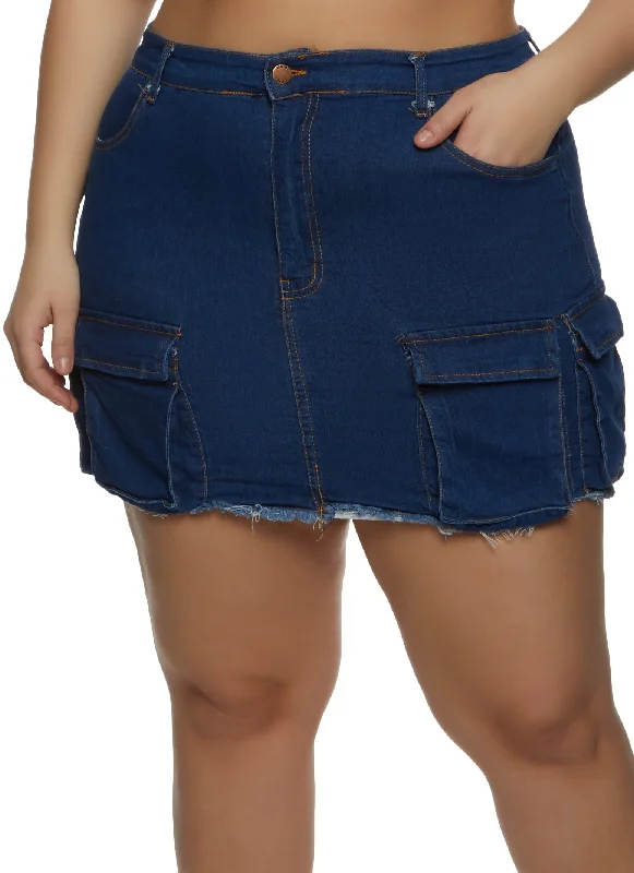 Plus Size Frayed Hem Cargo Pocket Mini Skirt