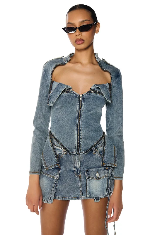 OLD SCHOOL LOVE CARGO ZIP UP DENIM TOP