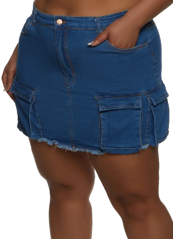 Plus Size Frayed Hem Cargo Pocket Mini Skirt