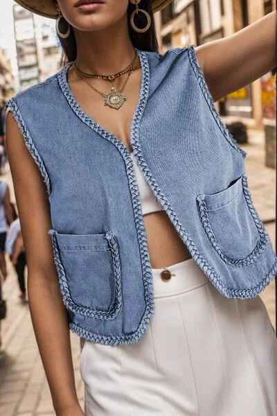 Open Front Sleeveless Denim Jacket