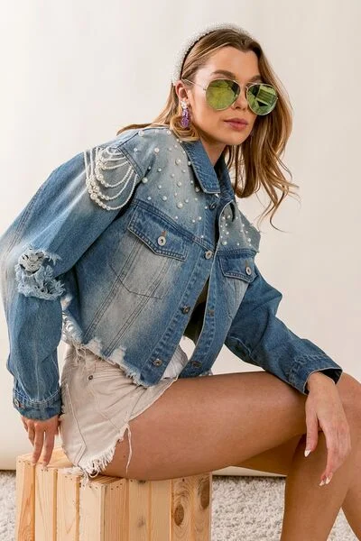 BiBi Pearl Detail Distressed Cropped Denim Jacket