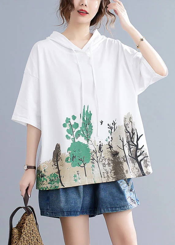 women's tops with unique designsWhite Print Cotton Sweatshirts Top Hooded Oversized Summer