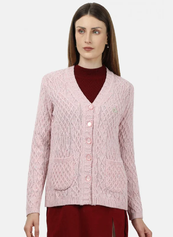 Fitted SweatersWomen Pink Self Design Cardigan