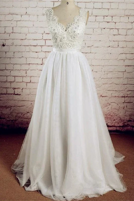 women's halter dressesV-neck Ivory Lace Beading Long Handmade A-line Tulle Wedding Dress W28