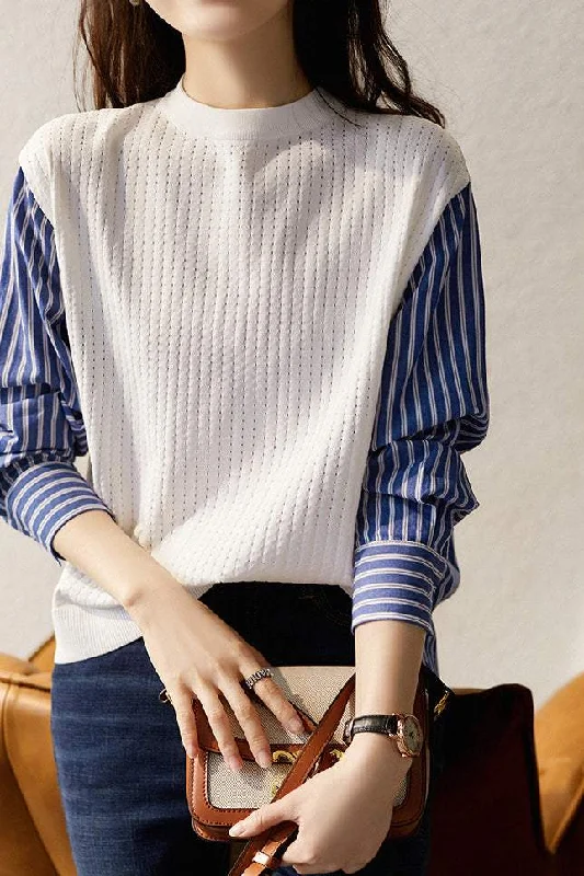 women's tops made from cottonStriped Contrast Open Knit Shirt