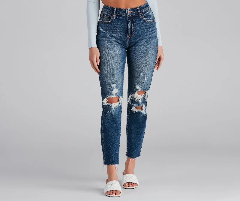 women's denim jeans with lace trimHigh-Rise Destructed Ankle Jeans