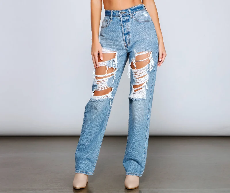 women's straight-leg denim jeansSo Extra High Rise Destructed Boyfriend Jeans