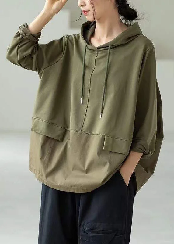 women's tops for those who seek both style and comfortClassy Green Hooded Patchwork Side Open Cotton Sweatshirt Fall