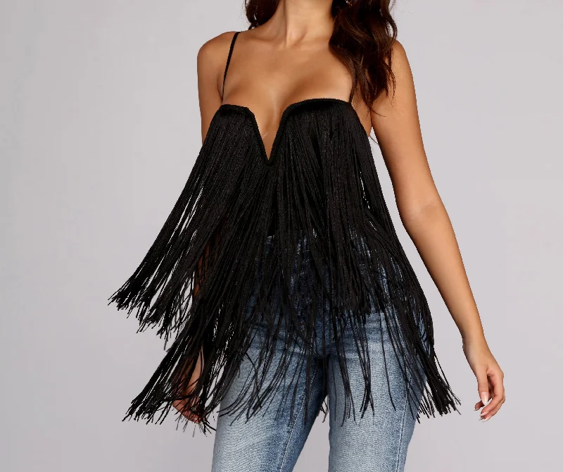 women's tops for glamorous eveningsFlow With The Fringe Bodysuit