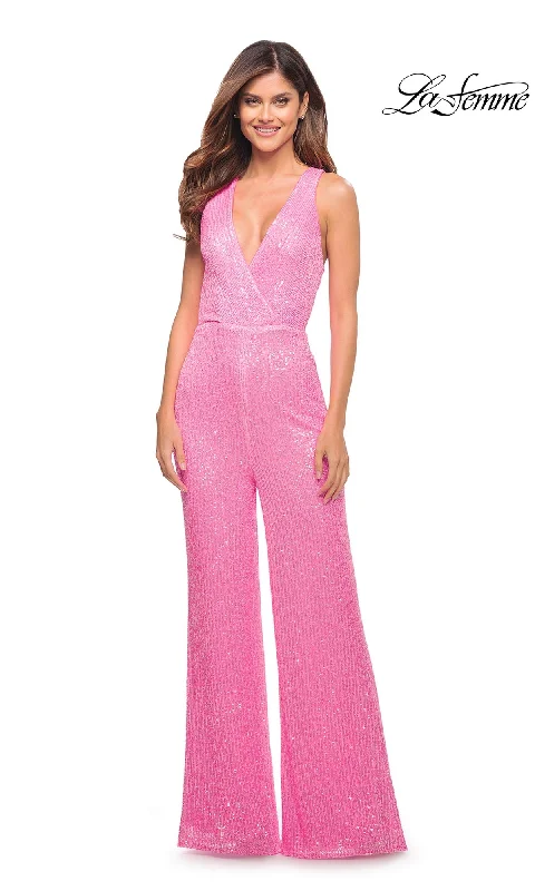 women's lightweight dressesLa Femme Neon Pink Long Sequin Prom Jumpsuit 30811