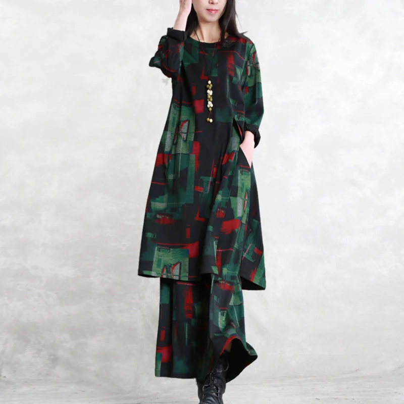 tank tops for womenvintage floral cotton blended two pieces caftans Loose fitting o neck pockets gown 2018 long sleeve side open tops elastic waist trouse