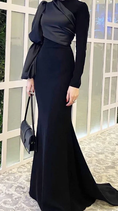 Peplum DressChic Black Mermaid Long Prom Dress,Black Evening Dress with Long Sleeves  Y2079