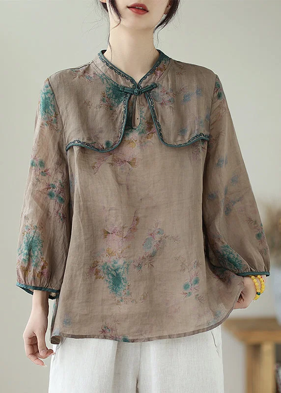 women's tops with cold-shoulder cuts and lace detailingFine Chocolate Embroideried Print Chinese Button Linen Top Summer