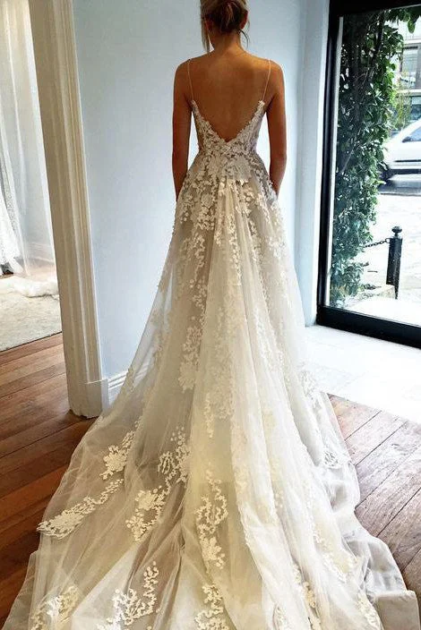 Formal DressSexy Deep V neck Lace Backless Bridal Dress,Spaghetti Straps Beach Long Wedding Dress OK242