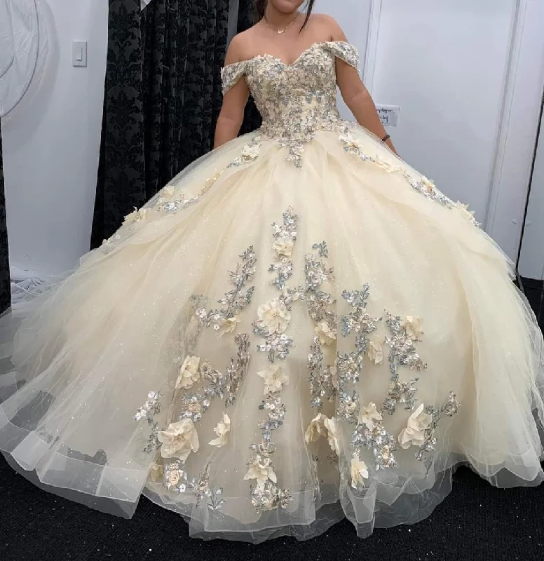 Sleeveless DressOff The Shoulder Appliques Tulle Ball Gown,Sweet 16 Dress,Y2462