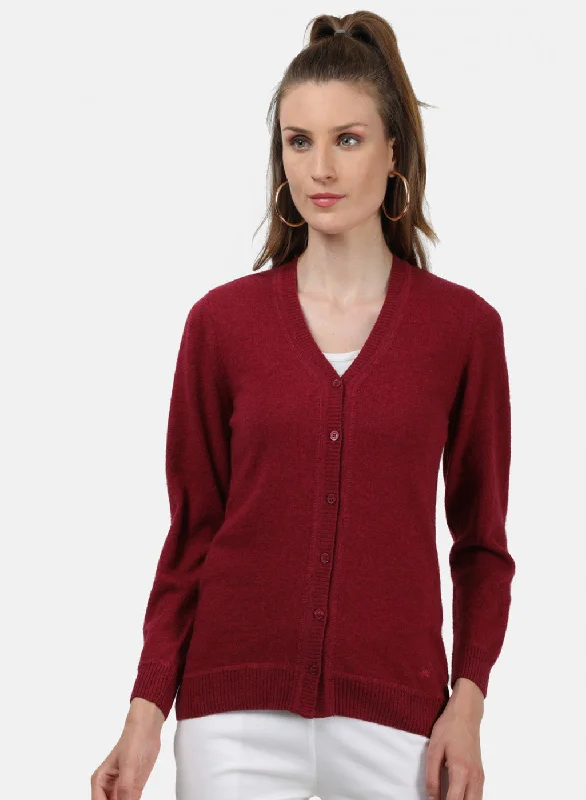 Flannel Knitted Crewneck SweatersWomen Maroon Solid Cardigan