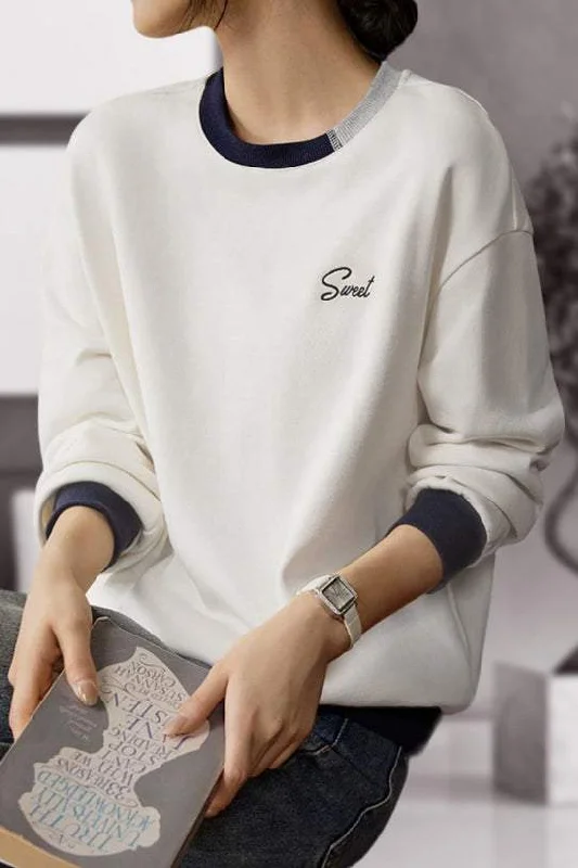 women's tops with asymmetrical designsCasual Round Neck Logo Embroidered Sweatshirt