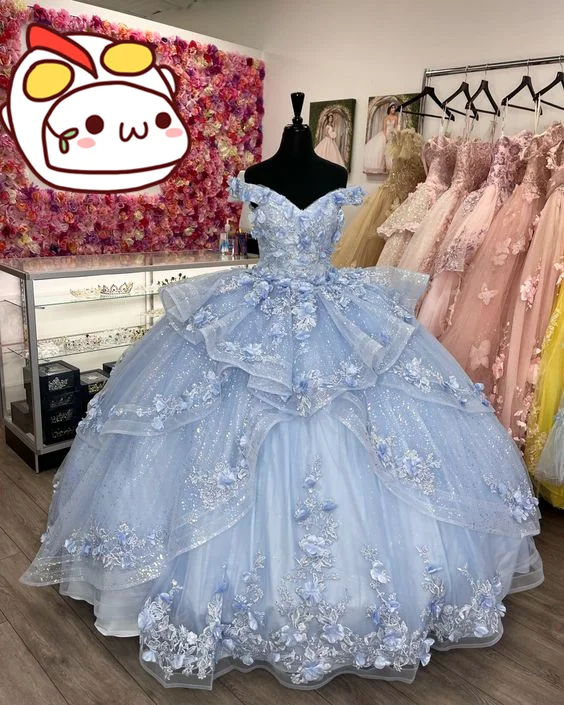 women's club dressesOff The Shoulder Blue Ball Gown With Flowers,Blue Princess Dress,Sweet 16 Dress Y2256