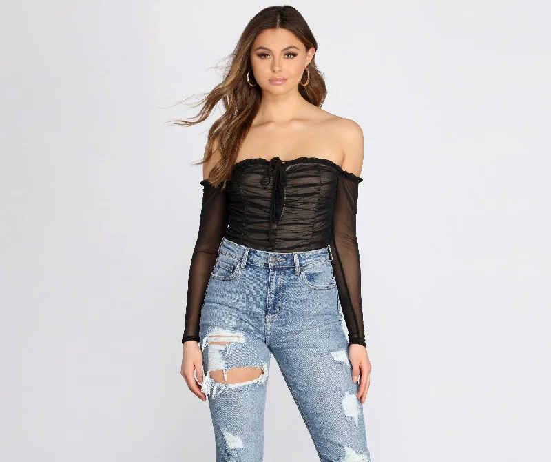 women's tops with sequin embellishmentsRuched And Ready Lace Up Bodysuit