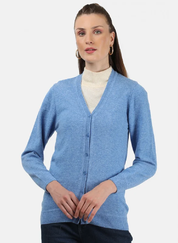 Fashionable Funky Hooded Cashmere SweatersWomen Blue Solid Cardigan