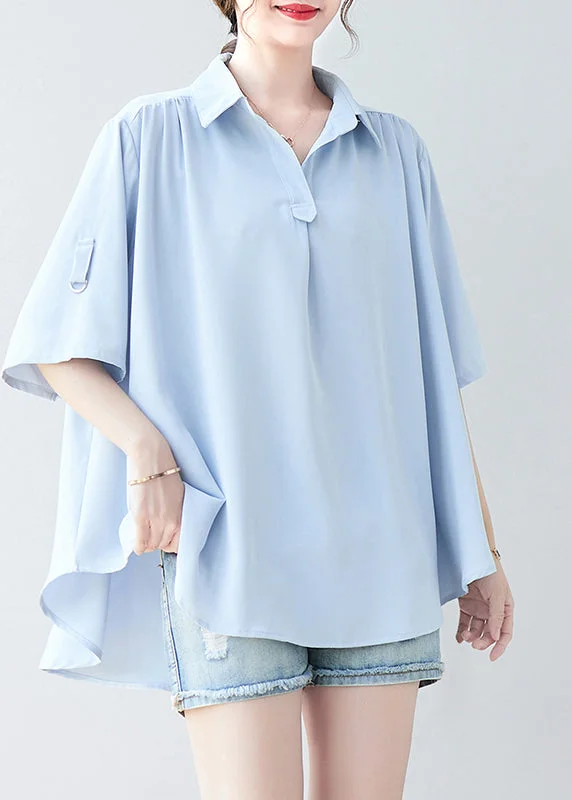 women's tops with embroidery detailsWomen Sky Blue Oversized Low High Design Chiffon Shirt Summer