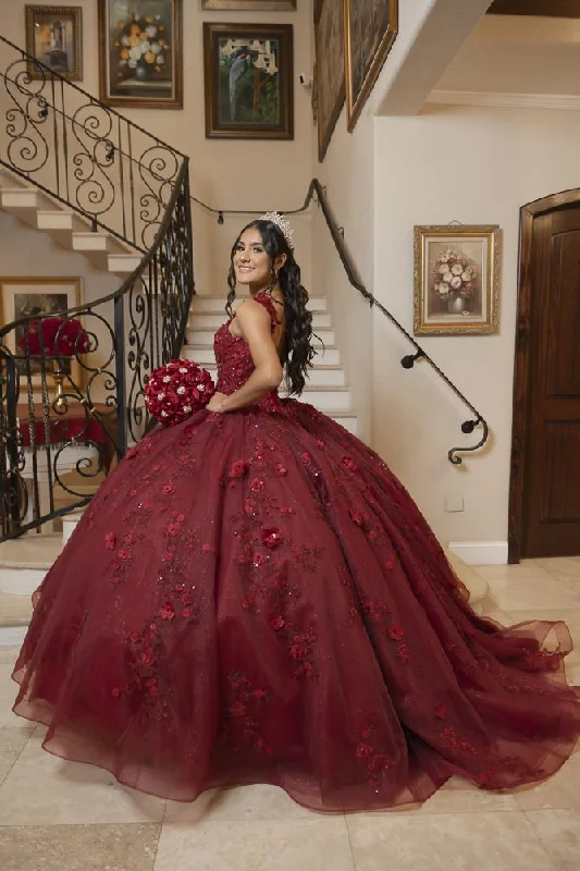 Chic DressBurgundy Ball Gown With Flowers,Sweet 16 Dress, Burgundy Quinceanera Dress  Y2345