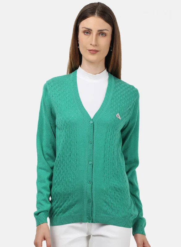 Thick SweatersWomen Green Self Design Cardigan