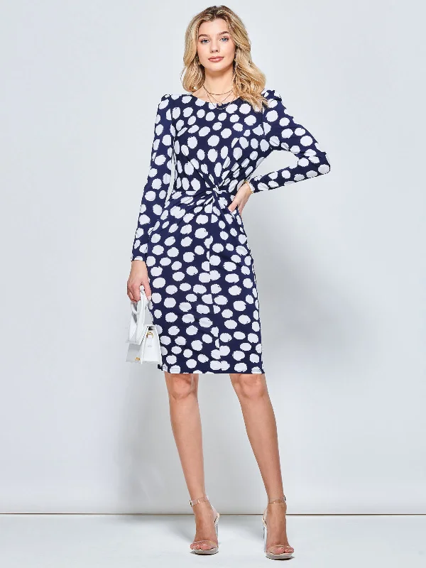 Leather DressLong Sleeve Twist Front Bodycon Dress, Navy Spot