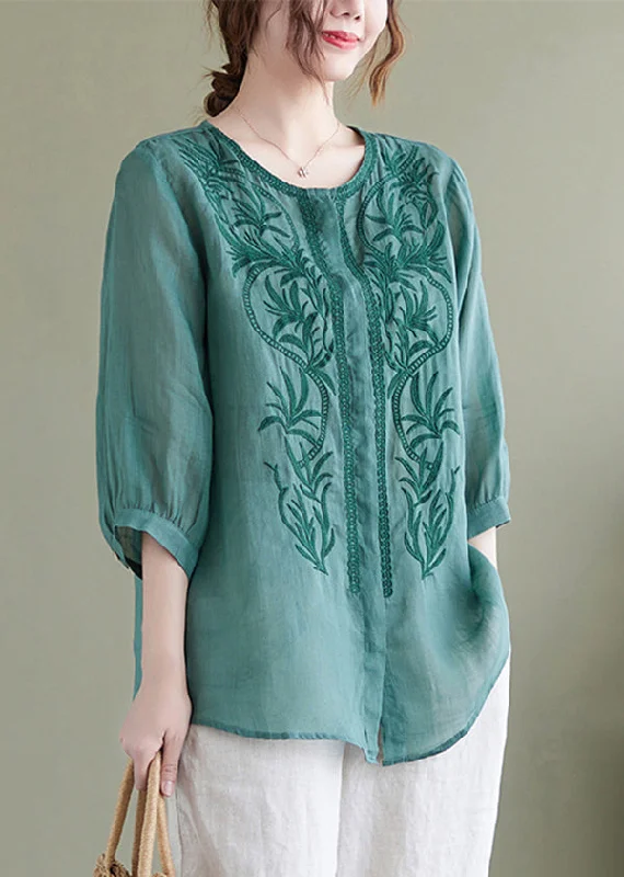 women's tops for those who want to create outfits that reflect their personal style and sense of fashionLake Green Loose Linen Blouse Tops Embroideried Bracelet Sleeve