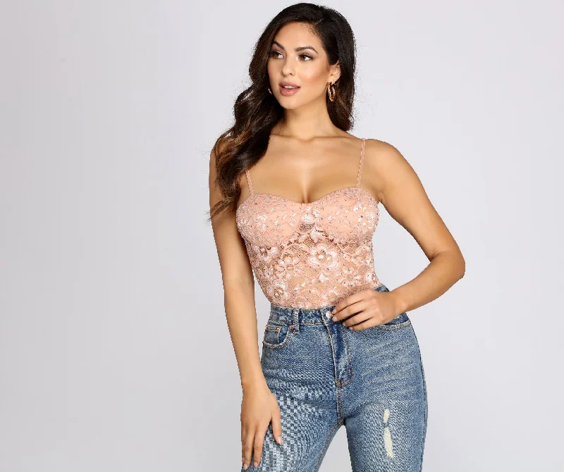 women's tops for those who want to stay on top of the latest fashion trends and wear pieces that are both stylish and on-trendWorld Class Sweetheart Lace Rhinestone Bodysuit