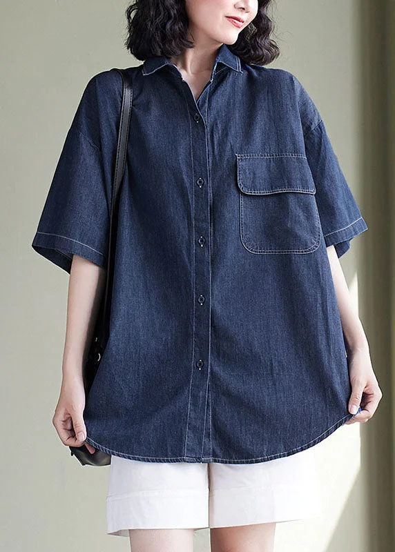 women's tops for statement-making outfitsWomen Navy Peter Pan Collar Patchwork Denim Shirt Top Summer