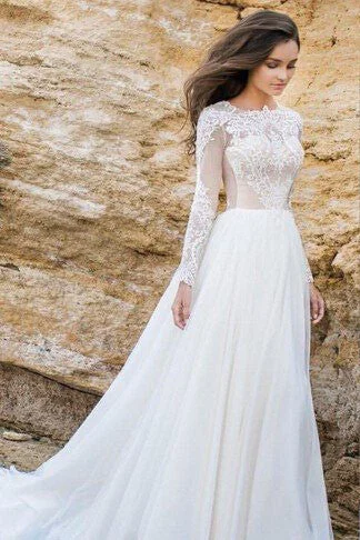 Evening DressElegant Lace Chiffon ALine Simple Long Sleeves Beach Wedding Dress Plus Size OK241