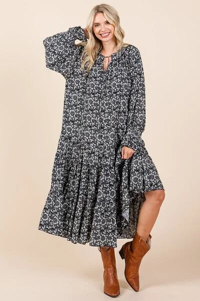 Plus-Size DressMittoshop Printed Tie Neck Flounce Sleeve Midi Dress