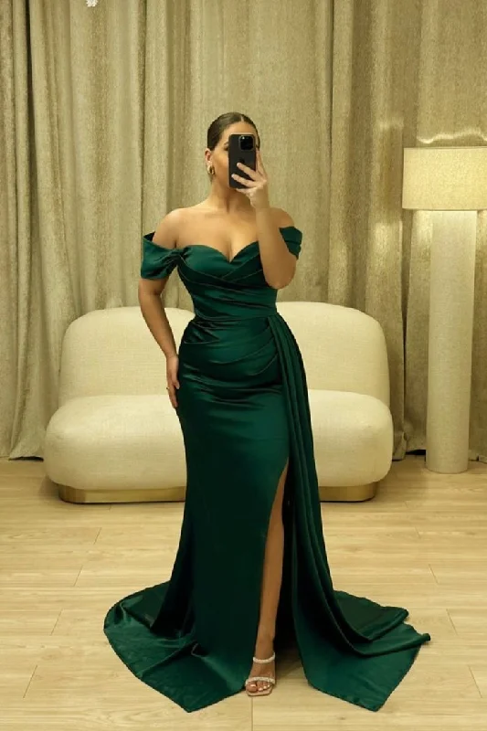 women's striped dressesGreen Off The Shoulder Mermaid Prom Dresses Y5440