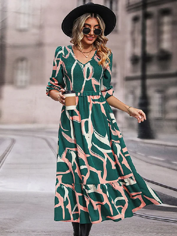 women's business casual dressesL.NY Perfee Printed Smocked V-Neck Three-Quarter Sleeve Midi Dress