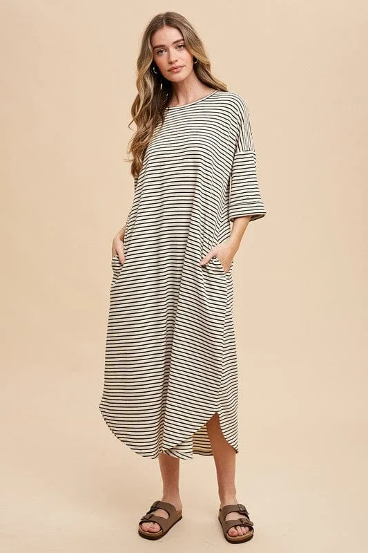 women's solid color dressesAnnie Wear Striped Round Neck Terry Midi Dress