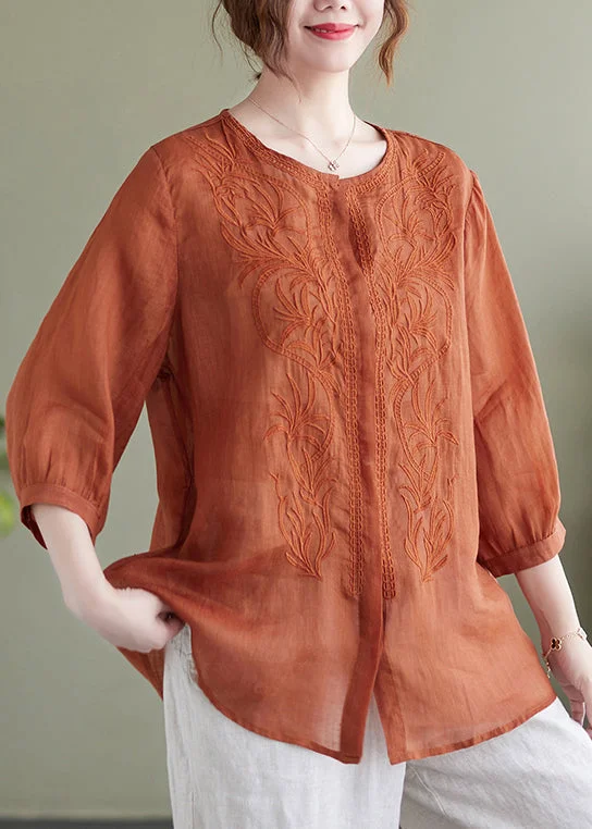 women's tops for those who want to add a touch of elegance and sophistication to their everyday wearModern Orange Embroideried Linen Shirts Bracelet Sleeve